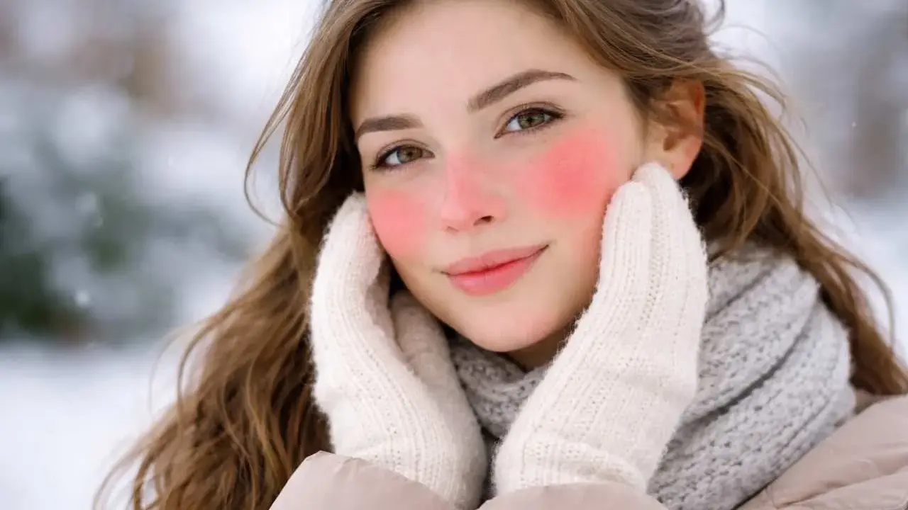 Ragazza con guance rosse per il freddo, mani coperte da guanti bianchi, sciarpa grigia e giacca beige. L'arrossamento della pelle è evidente.