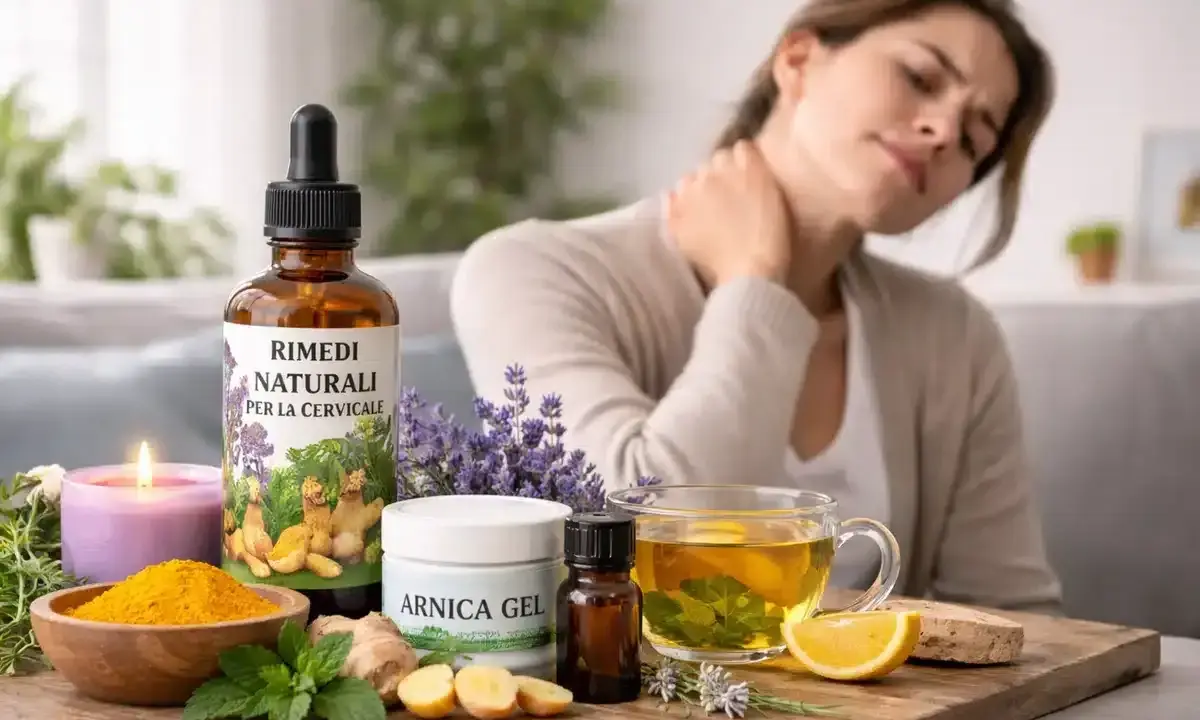 Donna con dolore al collo, circondata da rimedi naturali per il prurito al collo e rossore, tra cui arnica, zenzero e tisana.