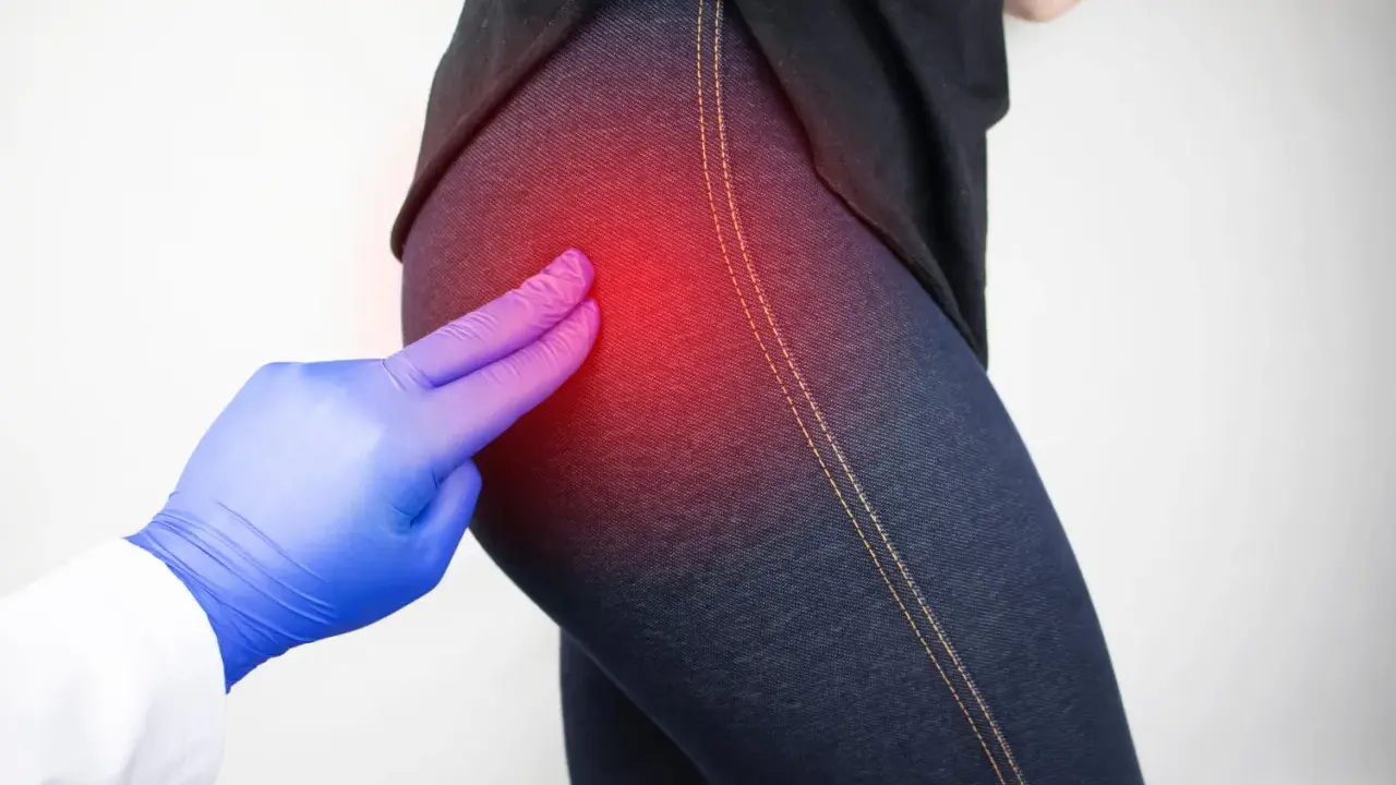 Mano con guanto blu indica un'area rossa di dolore sull'anca, suggerendo irritazione tra le natiche.