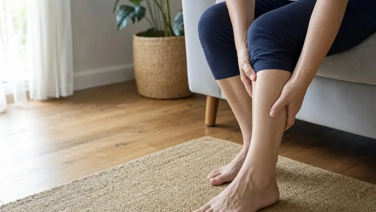 Donna seduta sul divano, si tiene le gambe, avvertendo un senso di sbandamento e debolezza alle gambe.