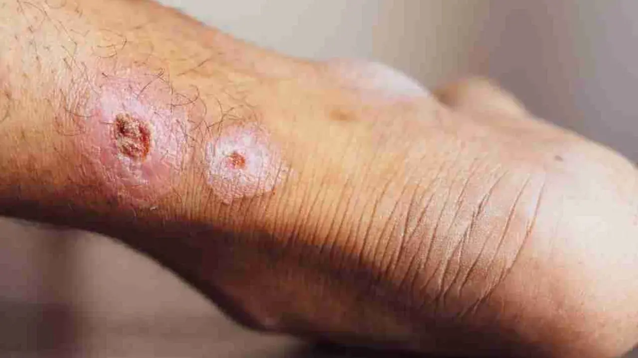 Pelle del piede con lesioni infiammate, arrossate e crostose, che suggeriscono un forte dolore alla pelle al tatto.