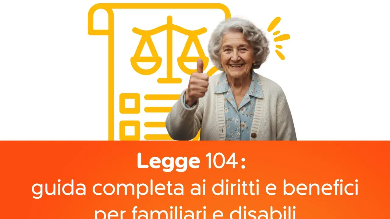 Anziana sorridente con pollice in su, accanto a un'icona di bilancia e documento. Guida su come richiedere 104 per un familiare anziano.