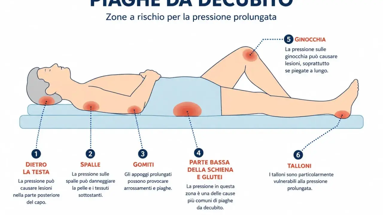 Illustrazione mostra le zone a rischio di piaghe da decubito: testa, spalle, gomiti, schiena, glutei, ginocchia e talloni. Prevenire è il primo passo per curare le piaghe.