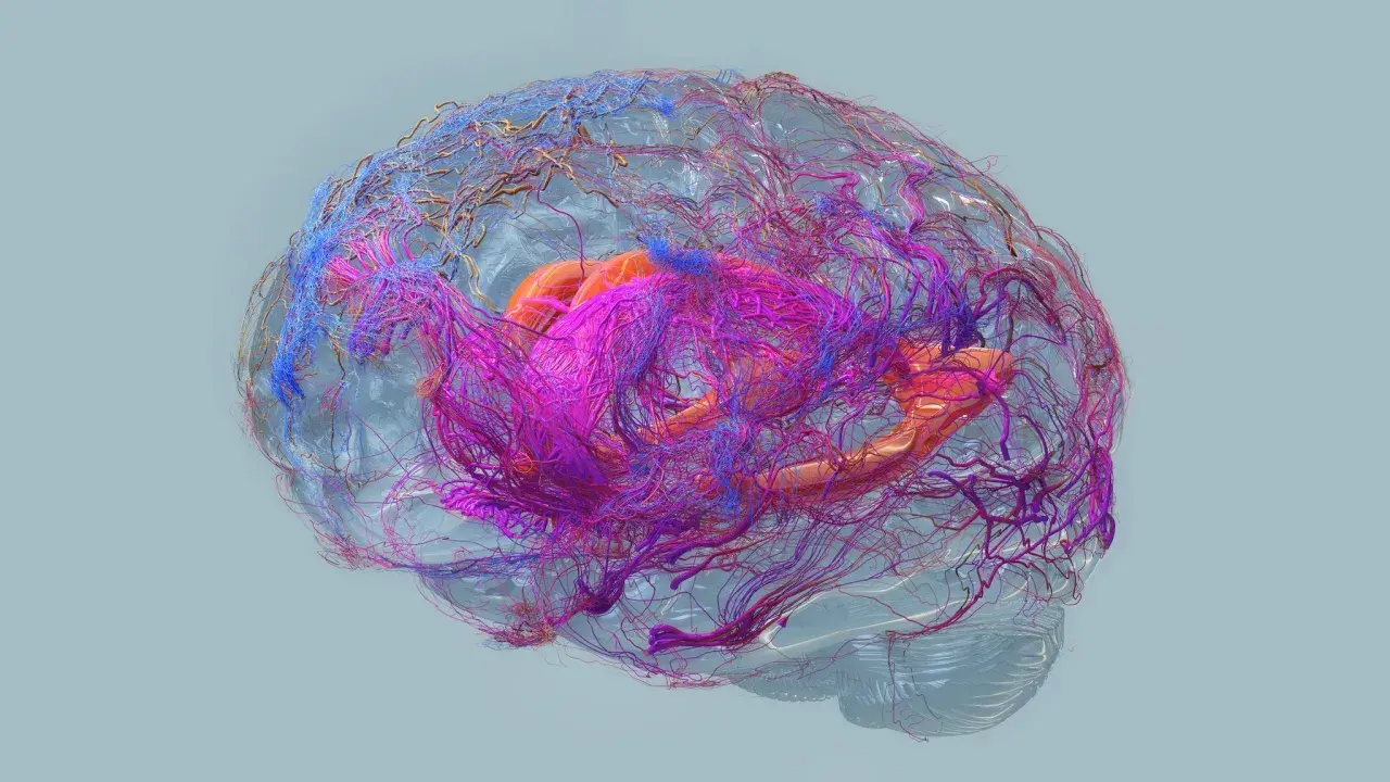 Cervello umano con vasi sanguigni colorati, che simboleggiano la complessità e i potenziali **alzheimer sintomi finali**.