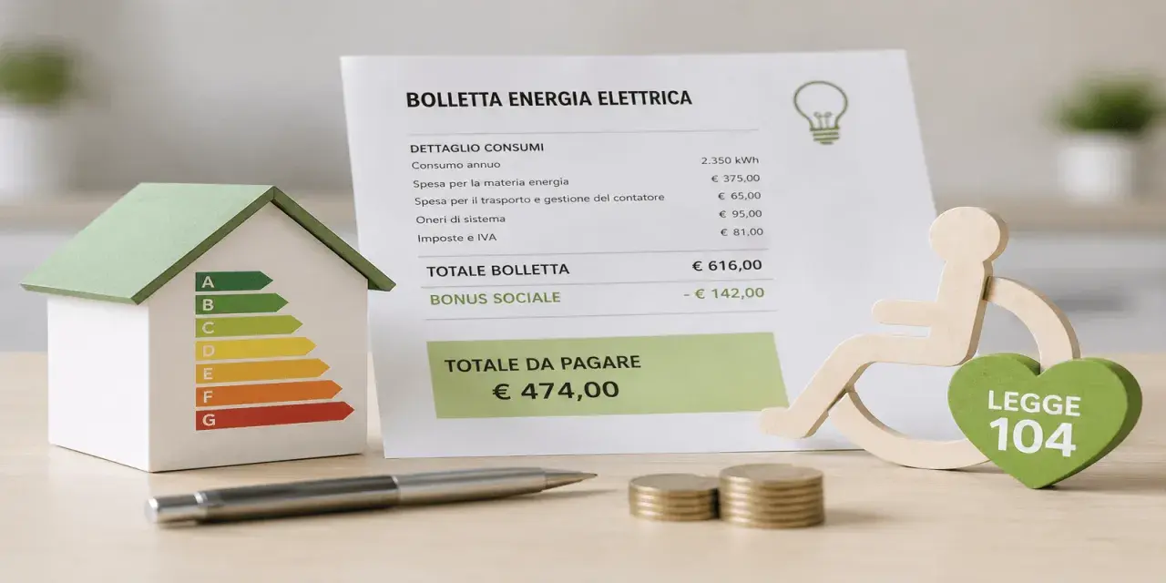 Modellino di casa con classe energetica, bolletta elettrica e simbolo disabilità con cuore "Legge 104".