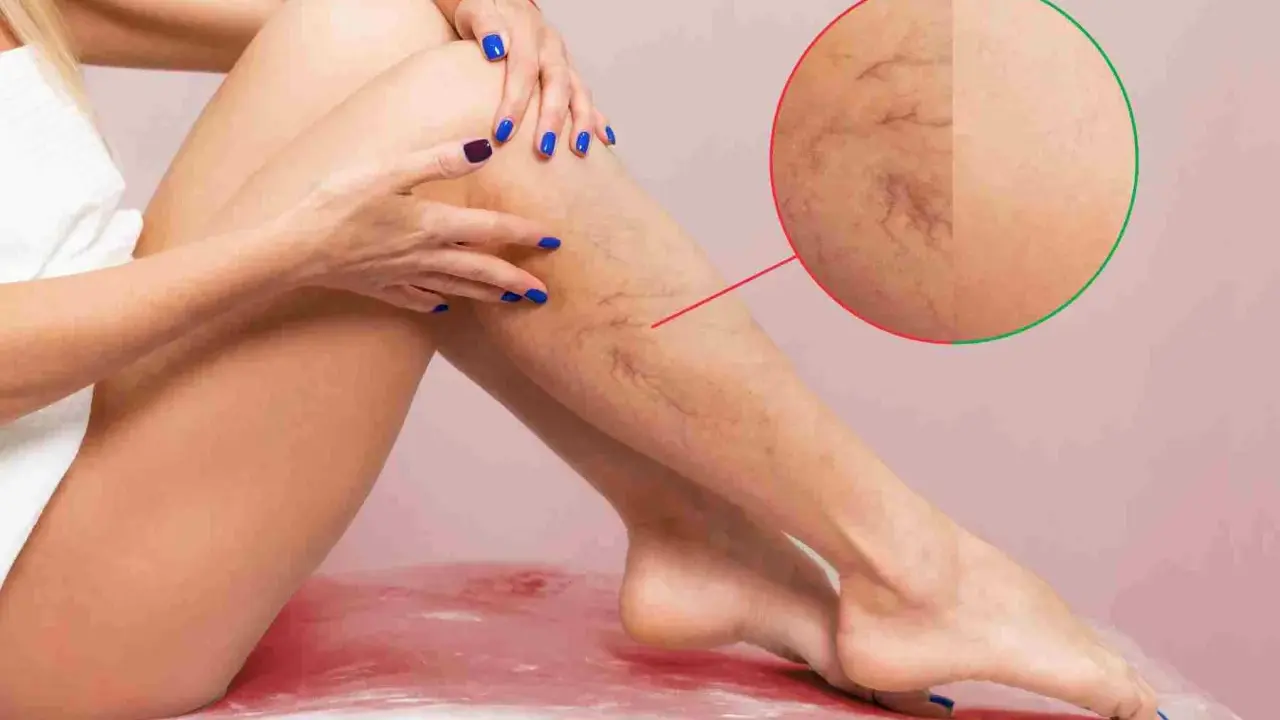 Gambe con vene varicose visibili, un sintomo comune di trombofilia. Un ingrandimento mostra la rete vascolare.