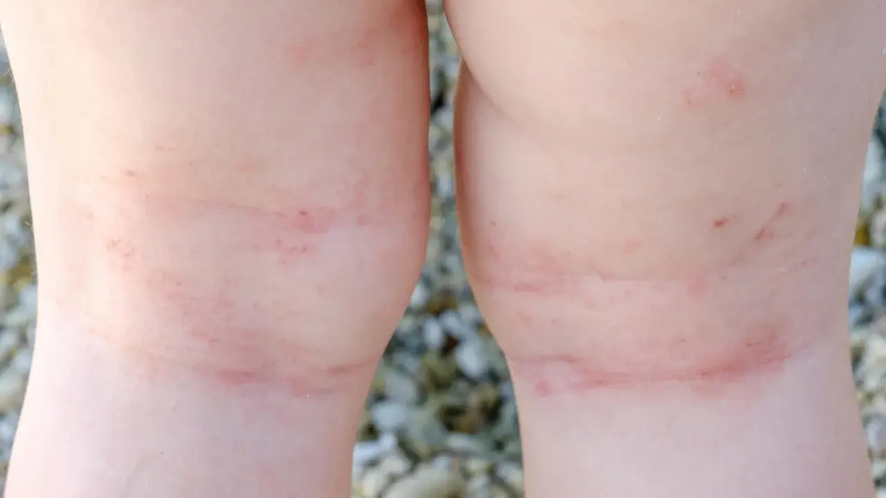 Gambe di bambino con arrossamenti e lievi macchie da sudore sulle ginocchia, forse dovuti al caldo estivo.