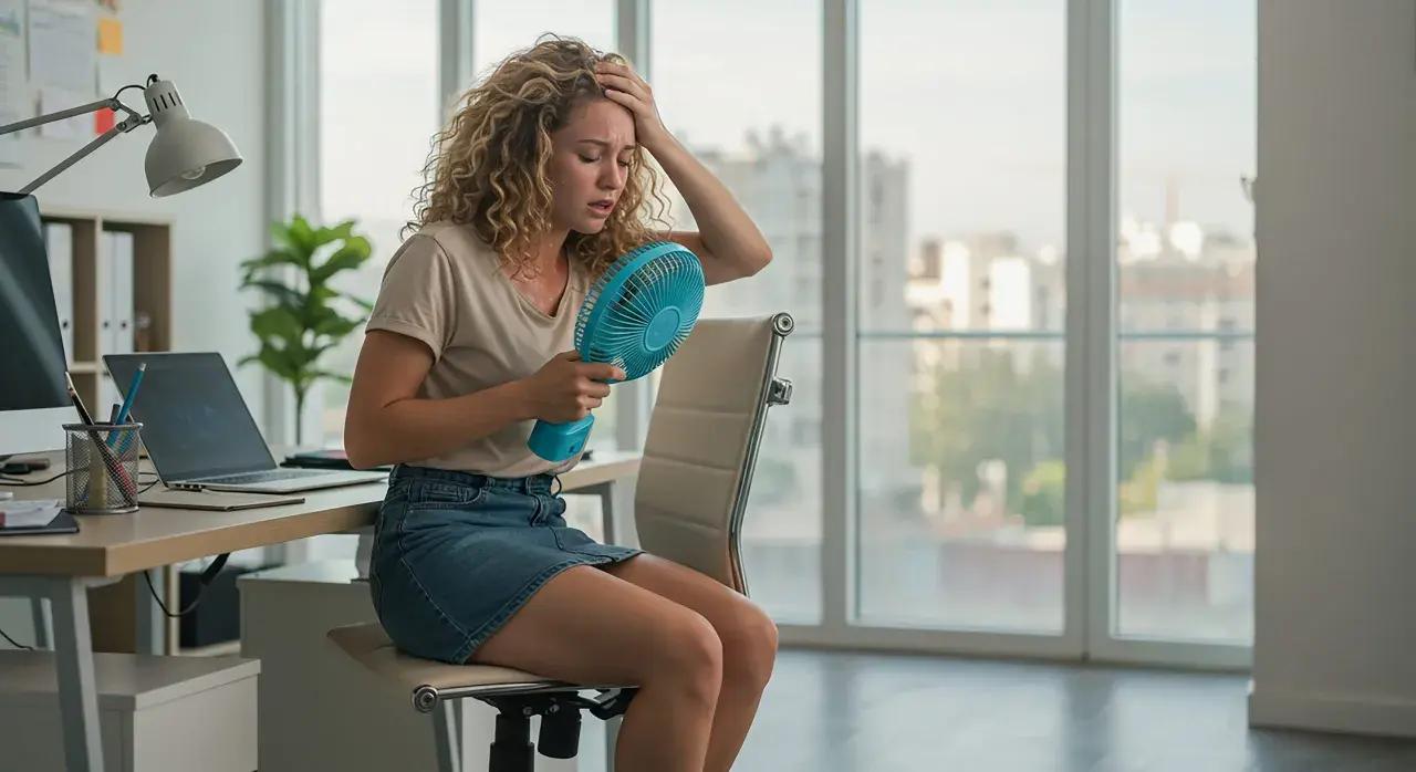 Donna con capelli ricci, in ufficio, soffre il caldo con un ventilatore portatile. La sua fronte è imperlata di sudorazione improvvisa.