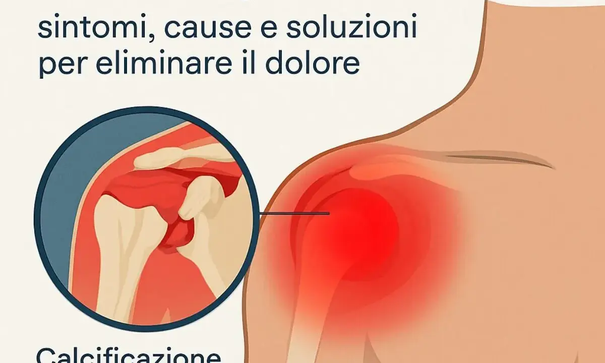 Spalla con tendinite calcifica: ingrandimento mostra calcificazione e area infiammata in rosso. Sintomi, cause e soluzioni per il dolore.