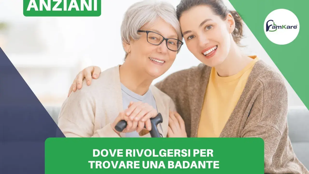 Anziani sorridenti, una giovane donna abbraccia un'anziana con bastone. Guida su come trovare una badante.