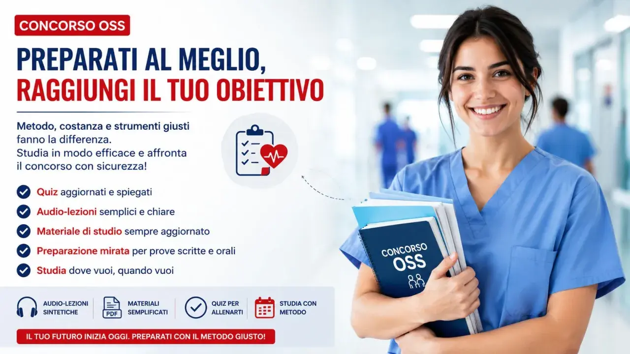 Donna sorridente in camice blu, futura assistente socio sanitario, con libri per il concorso OSS.