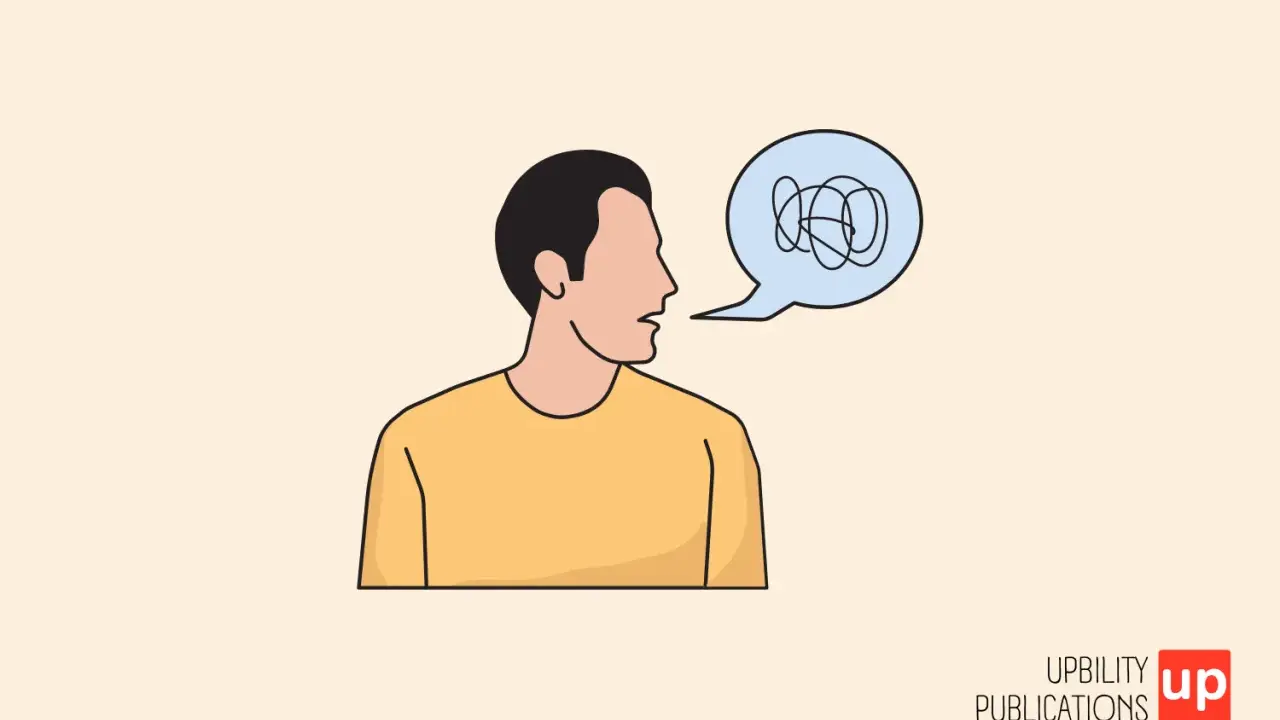 Uomo con fumetto pieno di grovigli, simbolo di chi non riesce a parlare bene all'improvviso.