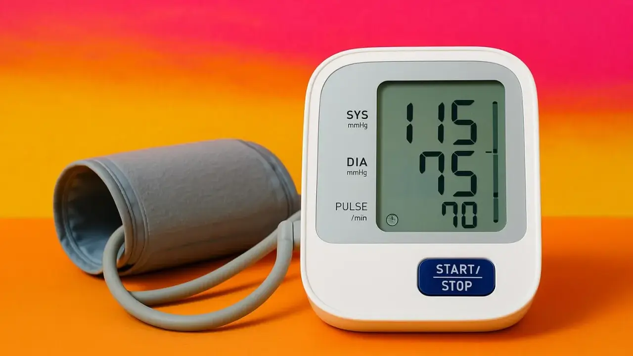 Sfigmomanometro digitale mostra 115/75 mmHg e 70 bpm, valori ideali per la pressione ottimale donna.