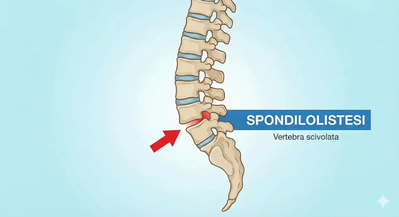Illustrazione della spondilolistesi, con una vertebra lombare scivolata in avanti. Potrebbe causare sintomi neurologici.