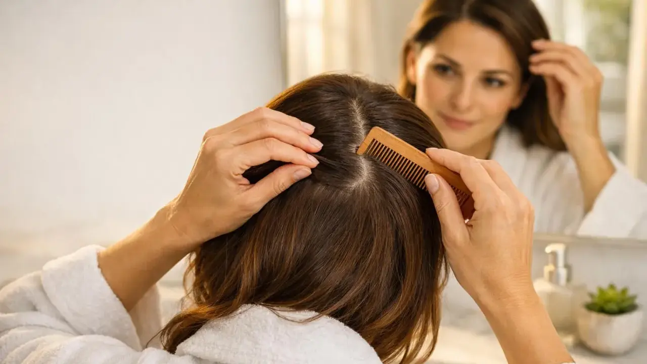 Donna si pettina i capelli, cercando sollievo dal prurito al collo. Riflessa nello specchio, si tocca la testa con preoccupazione.