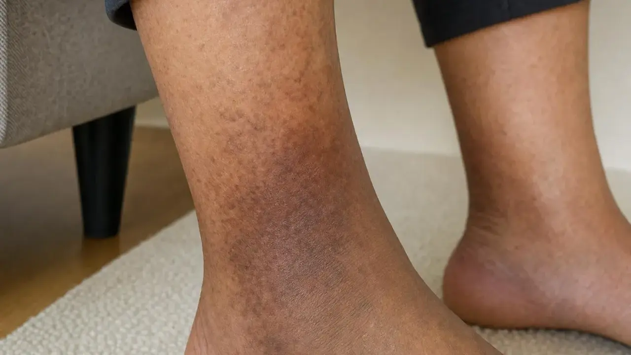 Gambe con macchie scure, segno di problemi di circolazione. La pelle presenta discromie evidenti nella zona della caviglia.
