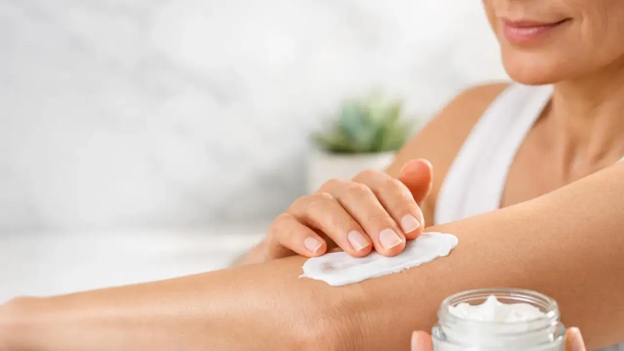Donna applica crema idratante sul braccio per alleviare il prurito sine materia.