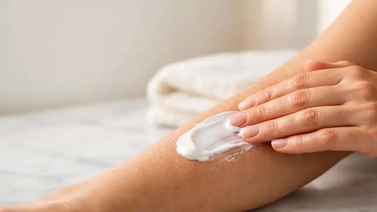 Mano che applica crema su un braccio, un rimedio per il prurito psicosomatico.
