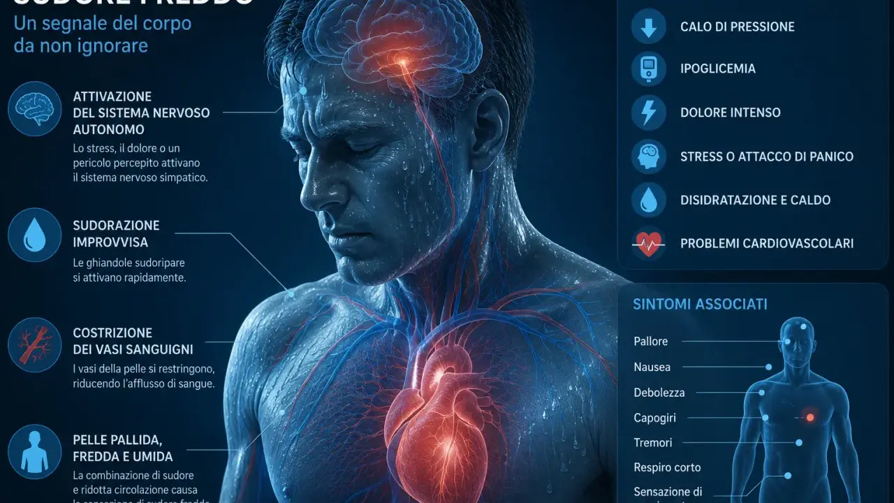 Uomo con sudore freddo, sintomo di stress o problemi cardiovascolari, che spiega perché si suda anche se non fa caldo.