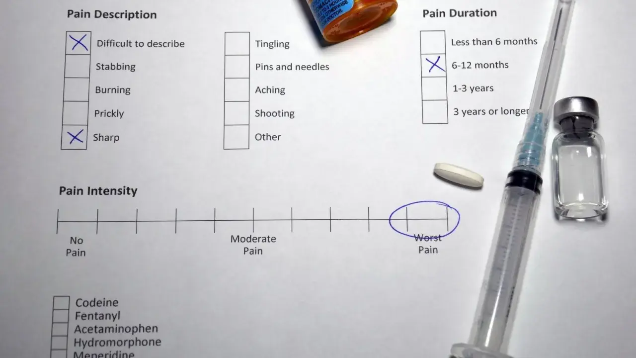 Questionario McGill Pain Questionnaire: dolore acuto, da 6-12 mesi, intensità peggiore. Siringa e pillola vicine.