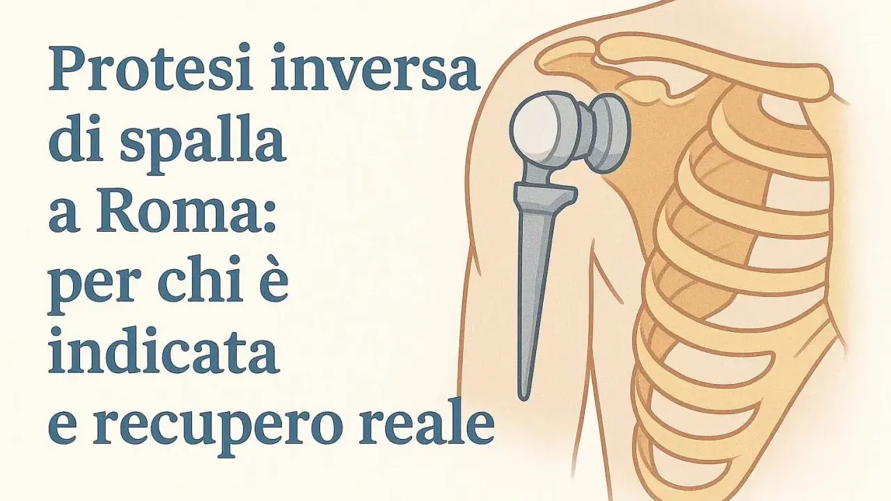 Illustrazione di una protesi inversa spalla, con testo che ne spiega indicazioni e recupero.