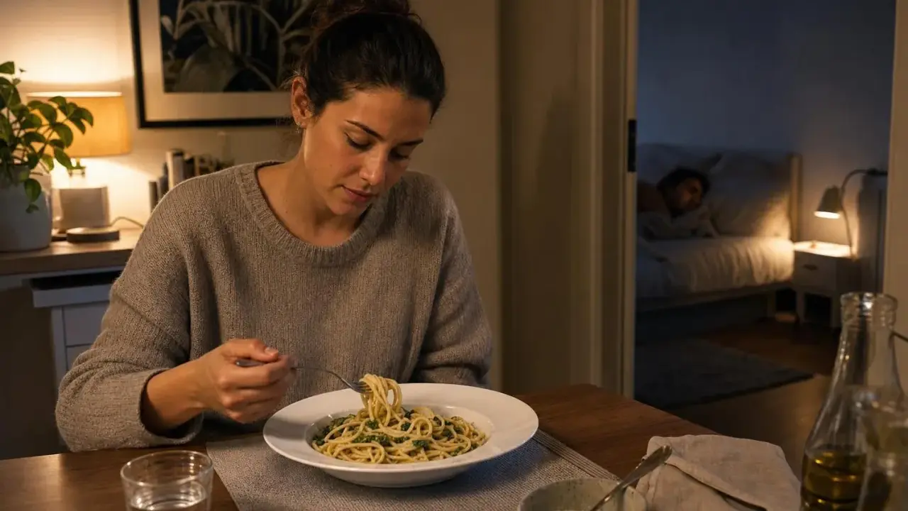 Donna mangia pasta con verdure, un modo gustoso per condire la pasta per chi soffre di reflusso.