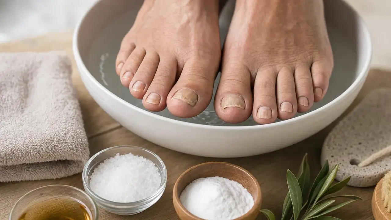 Piedi in ammollo per ammorbidire le unghie dei piedi senza acqua. Ingredienti naturali per un trattamento casalingo.