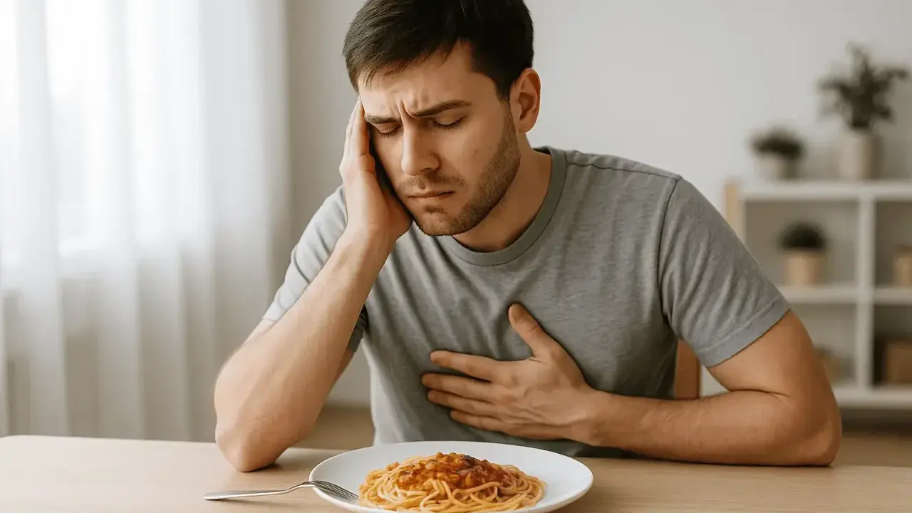 Uomo con mal di testa e dolore al petto, forse per sudare dopo mangiato. Piatto di spaghetti sul tavolo.