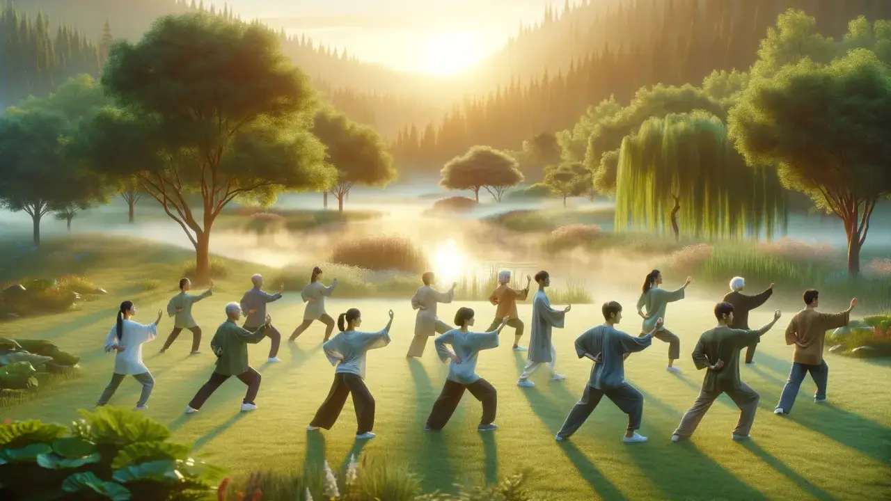 Gruppo di persone pratica Tai Chi in un paesaggio sereno. Sebbene il Tai Chi abbia pochi tai chi controindicazioni, è sempre bene consultare un medico.