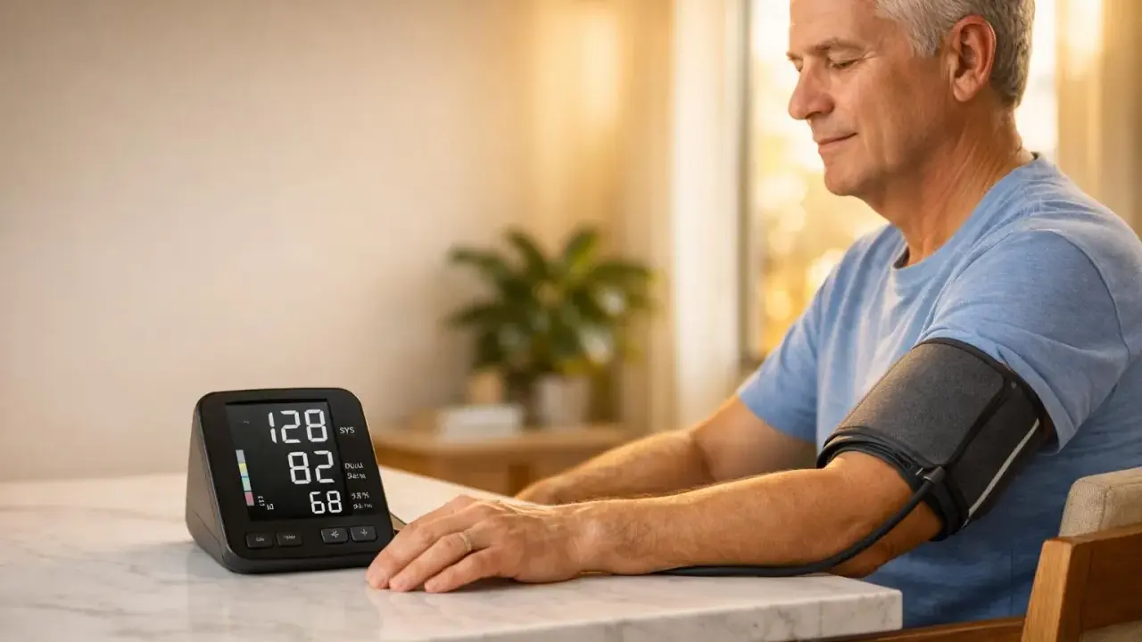 Uomo anziano misura la pressione, monitor mostra valori. Gestire l'ipertensione emotiva è importante per il benessere.