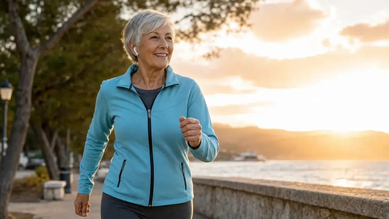 Donna sorridente corre al tramonto sul lungomare. A 70 anni meglio correre o camminare? Lei sceglie la corsa, godendosi la brezza marina.