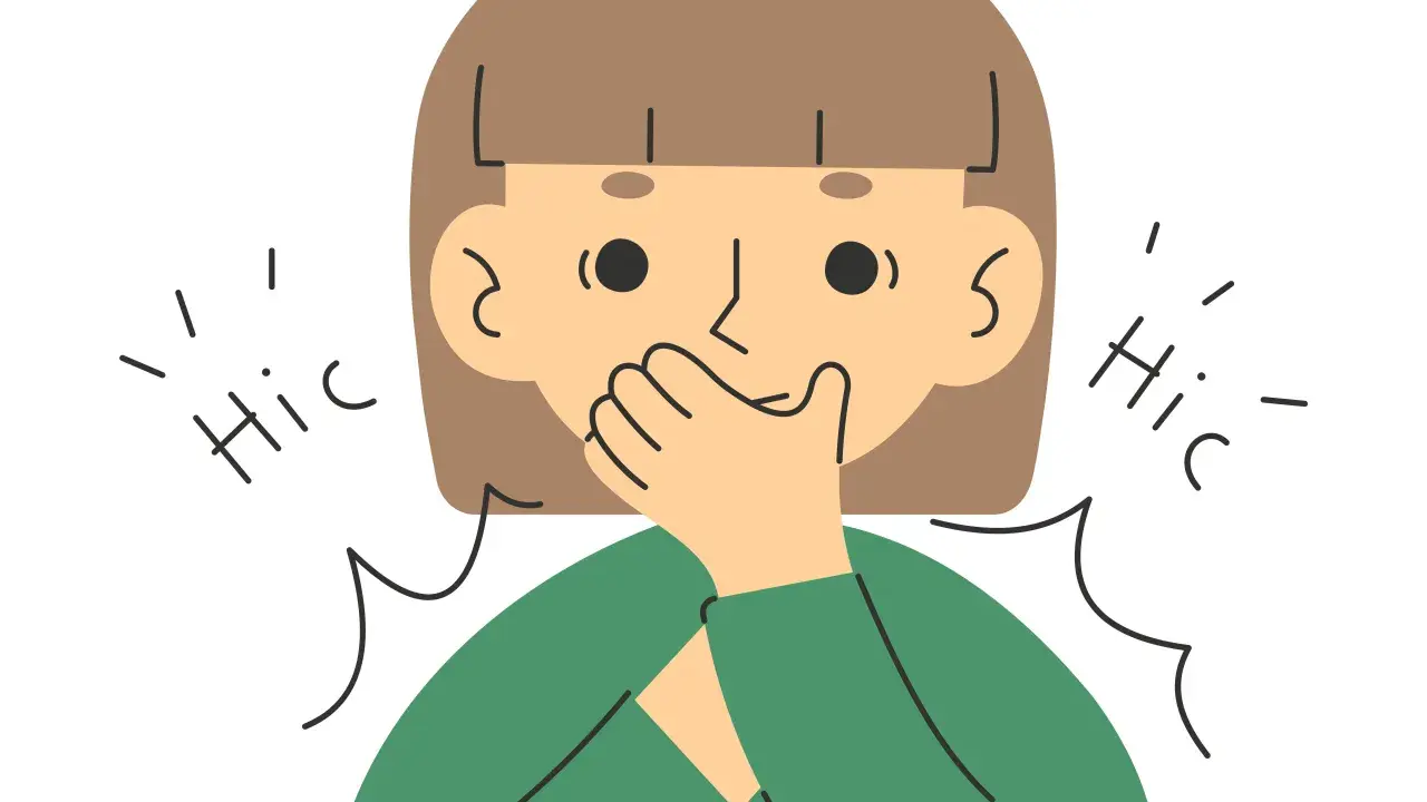 Persona con la mano sulla bocca, circondata da "Hic" che suggeriscono un singhiozzo persistente, quasi come un infarto.