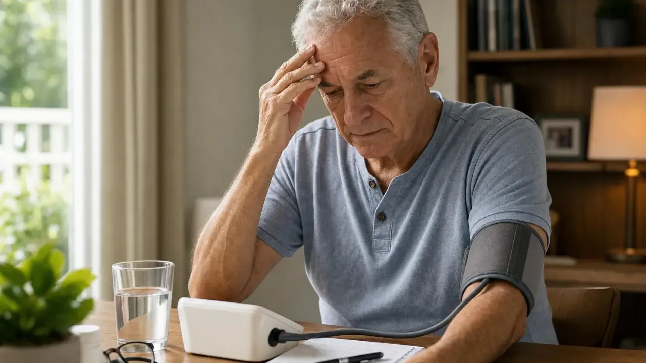 Uomo anziano preoccupato controlla la pressione a 60 anni, con misuratore, bicchiere d'acqua e appunti sul tavolo.