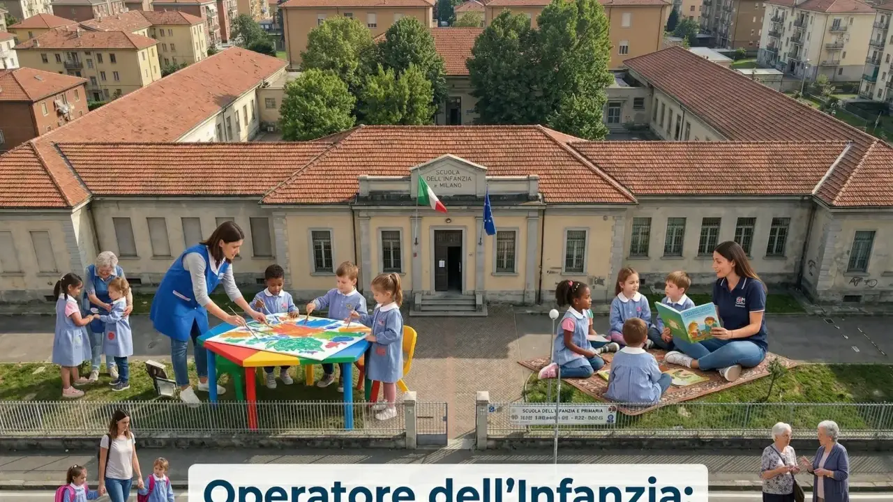 Un operatore generico di assistenza guida i bambini in attività creative e di lettura all'esterno di una scuola dell'infanzia a Milano.