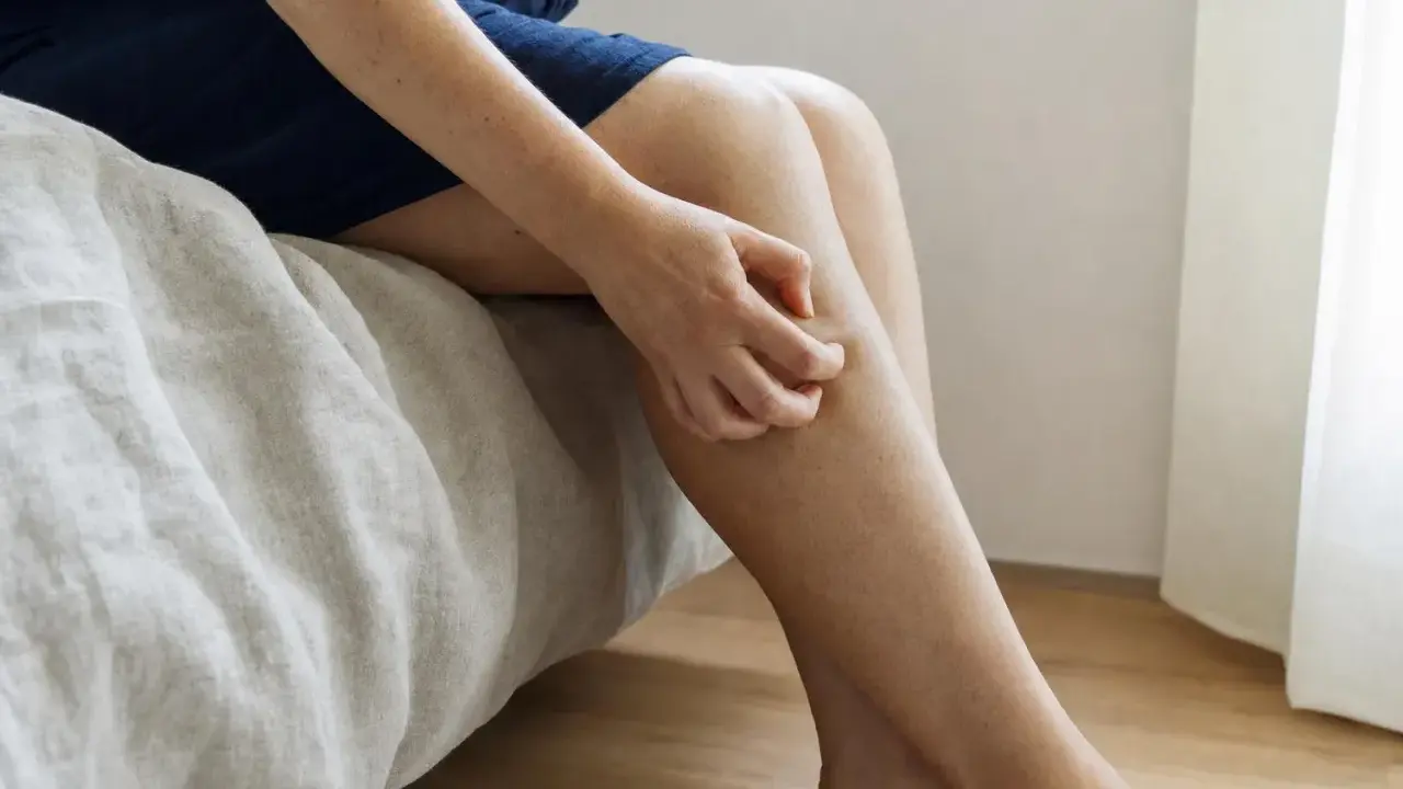 Donna seduta sul letto si gratta la gamba, soffrendo di prurito alle anche.
