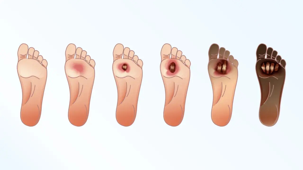 Progressione di ulcere al piede, dalla lieve infiammazione alla necrosi. Immagine illustra come disinfettare le ulcere alle gambe.