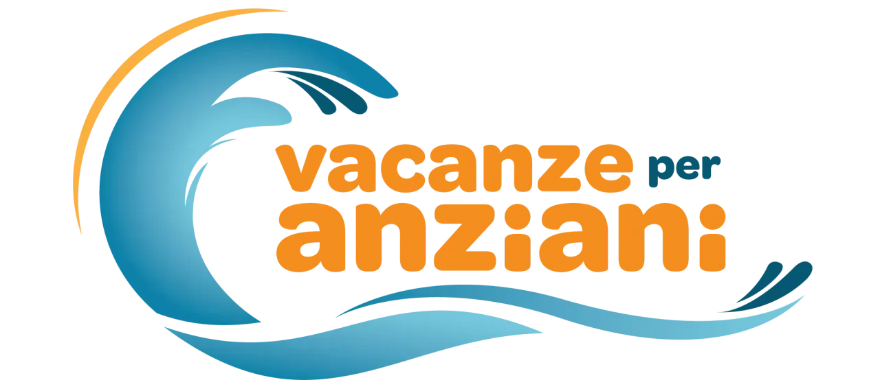 Onda blu e arancione con testo "vacanze per anziani". Ideale per chi cerca benessere e relax.