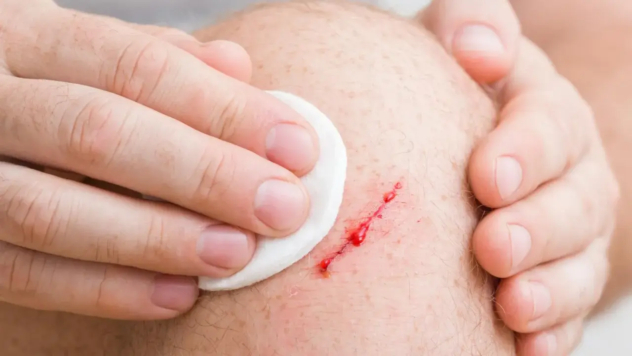 Mano che pulisce una ferita sanguinante sul ginocchio, segno di pelle che si lacera facilmente.