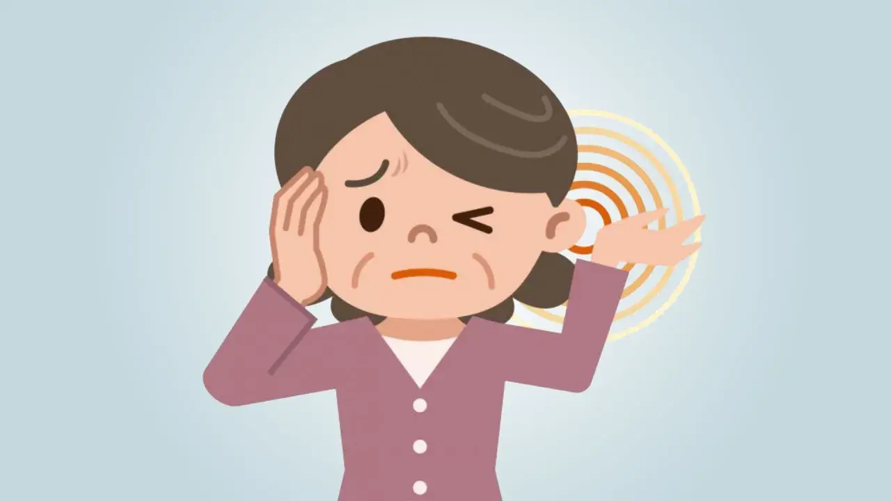 Donna con espressione sofferente, si tocca l'orecchio sinistro, dove si notano onde concentriche che indicano un fischio orecchio.
