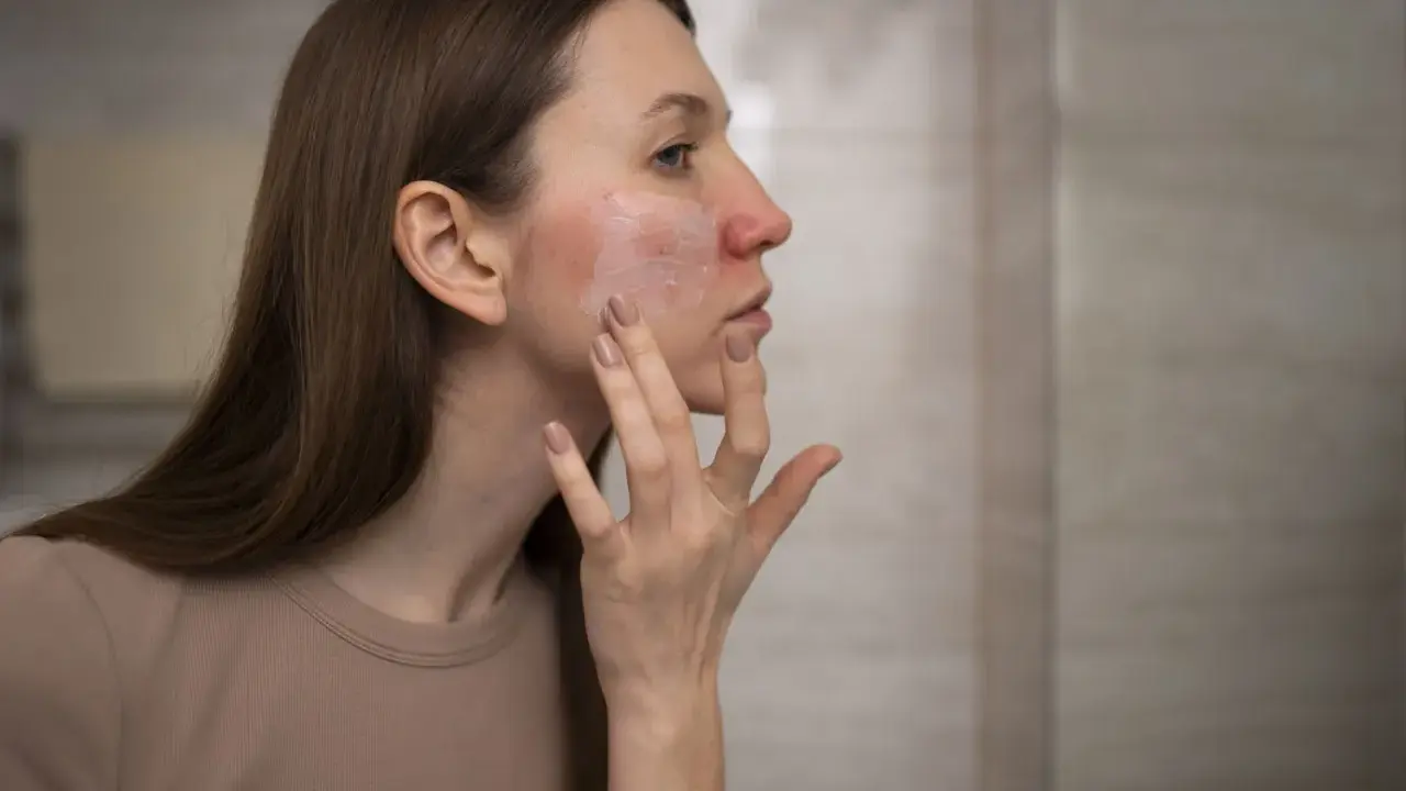 Donna applica crema su viso arrossato, cercando sollievo dalle piaghe della pelle.