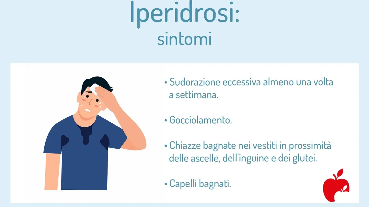 Uomo con sudorazione eccessiva, sintomi di iperidrosi: gocciolamento, macchie sui vestiti, capelli bagnati.