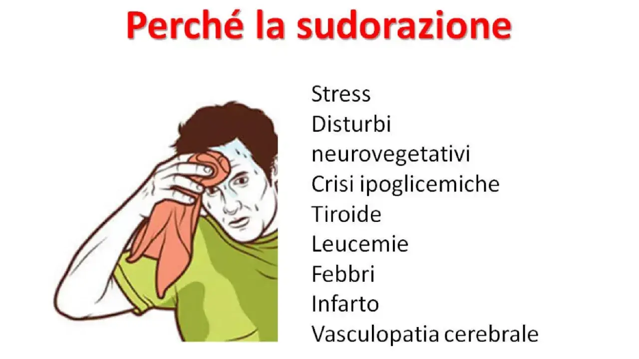 Uomo sudato con panno, preoccupato per la sudorazione improvvisa e debolezza, causate da stress, disturbi neurovegetativi, crisi ipoglicemiche, tiroide, leucemie, febbri, infarto, vasculopatia cerebrale.