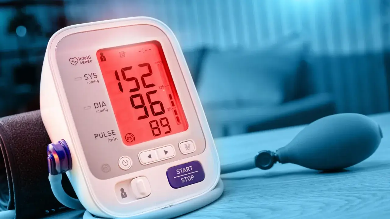 Misuratore di pressione con valori 152/96, un po' alti rispetto a una pressione 135/85.