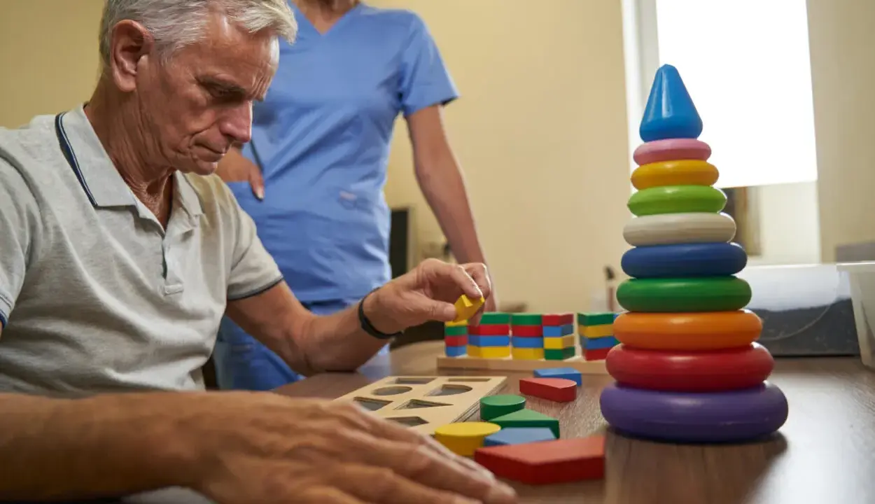 Esempi di terapia occupazionale anziani: un uomo anziano gioca con blocchi colorati, aiutato da un'infermiera.