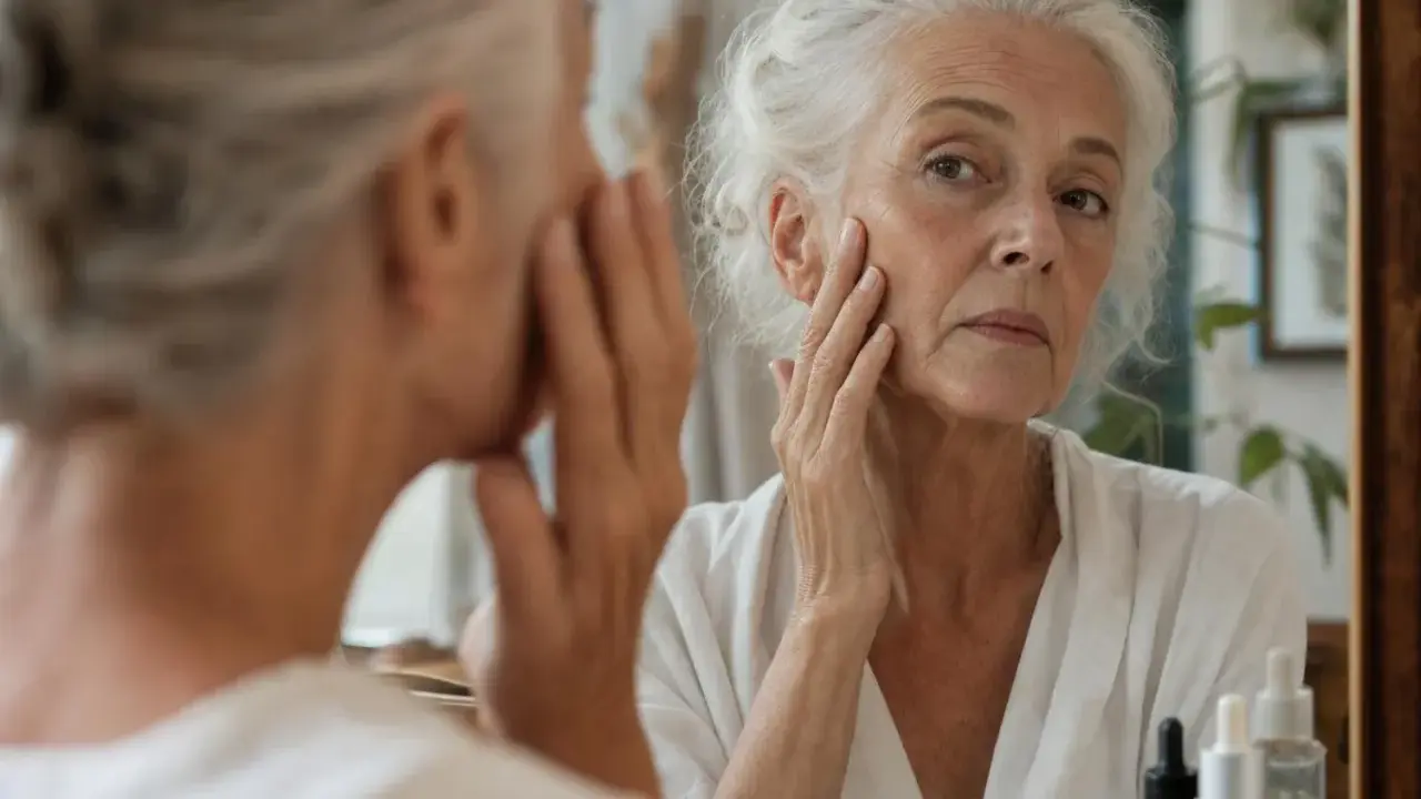 Donna anziana si tocca il viso, notando la pelle avvizzita a 65 anni. Riflessione nello specchio.