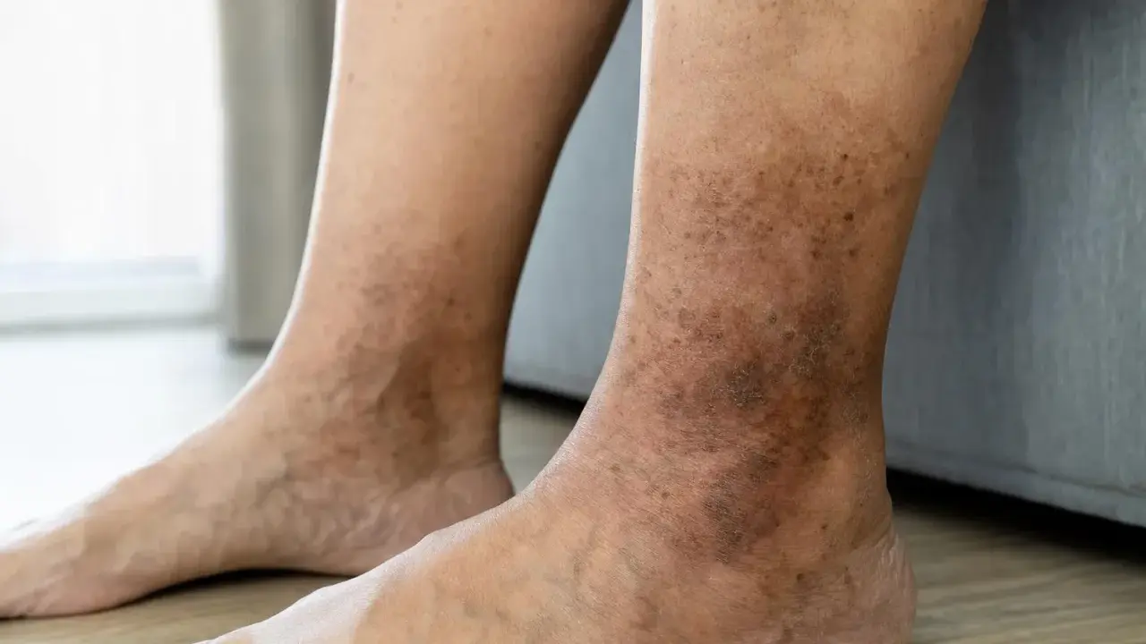 Gambe e caviglie con macchie scure e arrossamenti, indicative di dermatite da stasi.