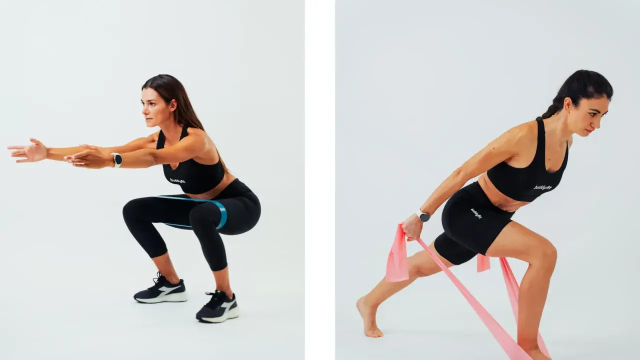 Donna esegue squat con elastico per rinforzare i muscoli delle gambe e affondi con elastico per un allenamento completo.