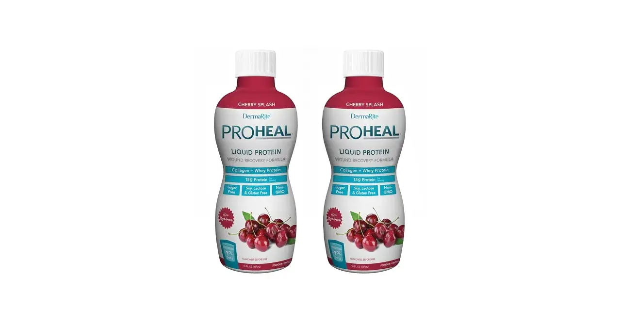 Due bottiglie di integratori proteici ProHeal al gusto di ciliegia, ideali per il recupero delle ferite e piaghe da decubito.
