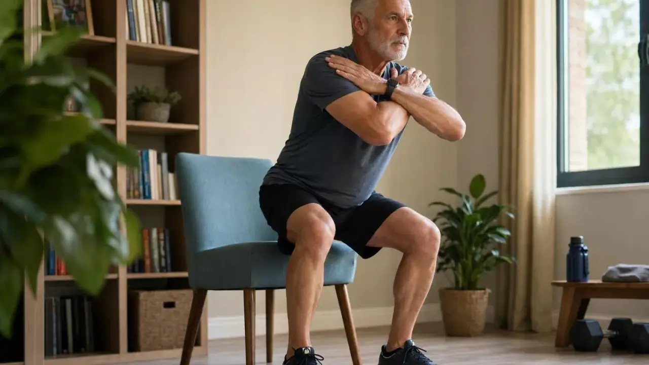 Uomo anziano fa squat su sedia, allenandosi per evitare perdere massa muscolare cause.