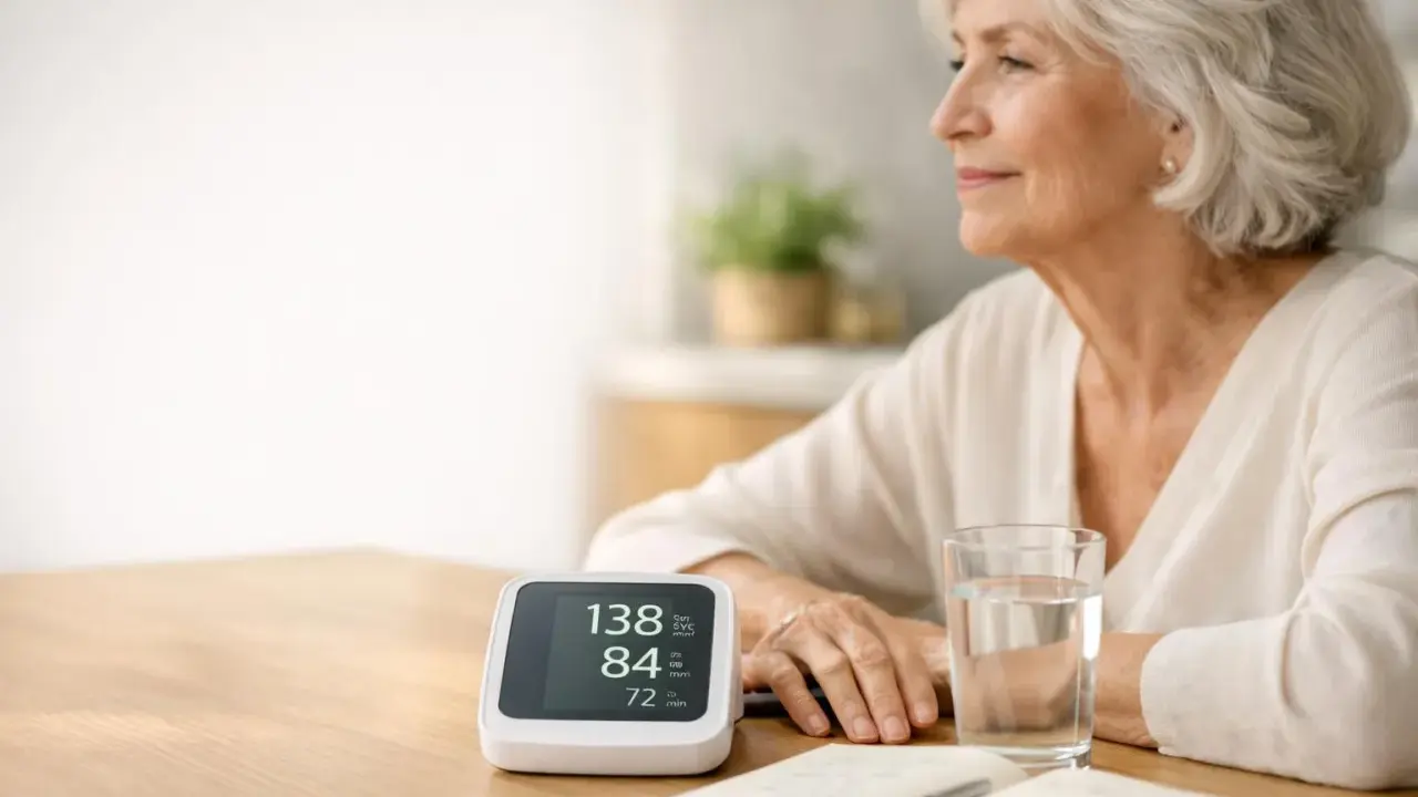 Donna anziana controlla la pressione: 138/84, con un valore di 80 battiti al minuto.